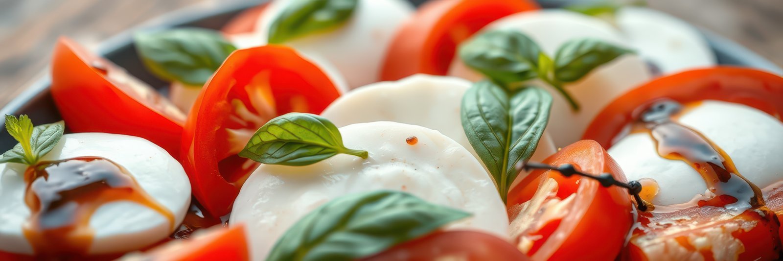 Fresh mozzarella salad with ripe tomatoes and basil served on a wooden table during summer